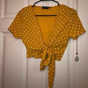 Mustard polka dot tie top, super cute for summer!
